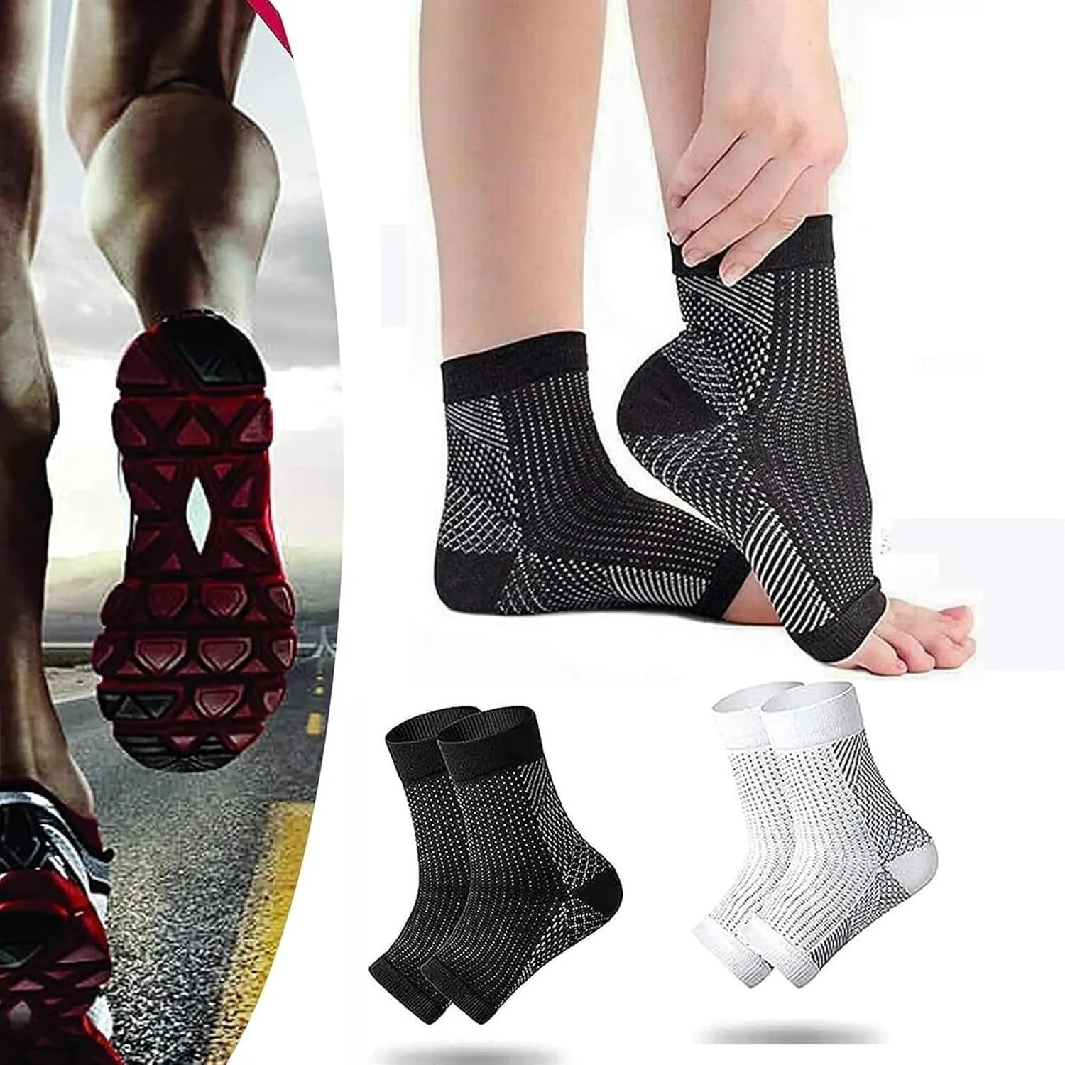 2 Pair Ankle Compression Socks - Ankle Sleeves for Women Men, Ankle Brace Compression Socks, Soothe Socks for Neuropathy Pain(Black White,L/XL)