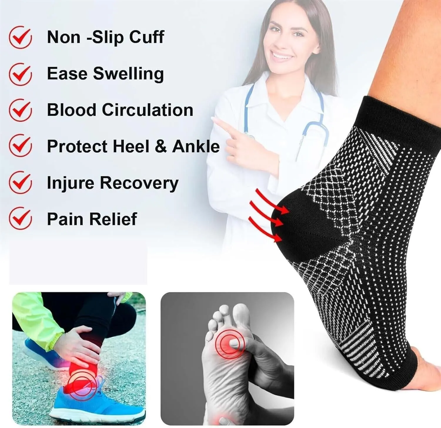 2 Pair Ankle Compression Socks - Ankle Sleeves for Women Men, Ankle Brace Compression Socks, Soothe Socks for Neuropathy Pain(Black White,L/XL)