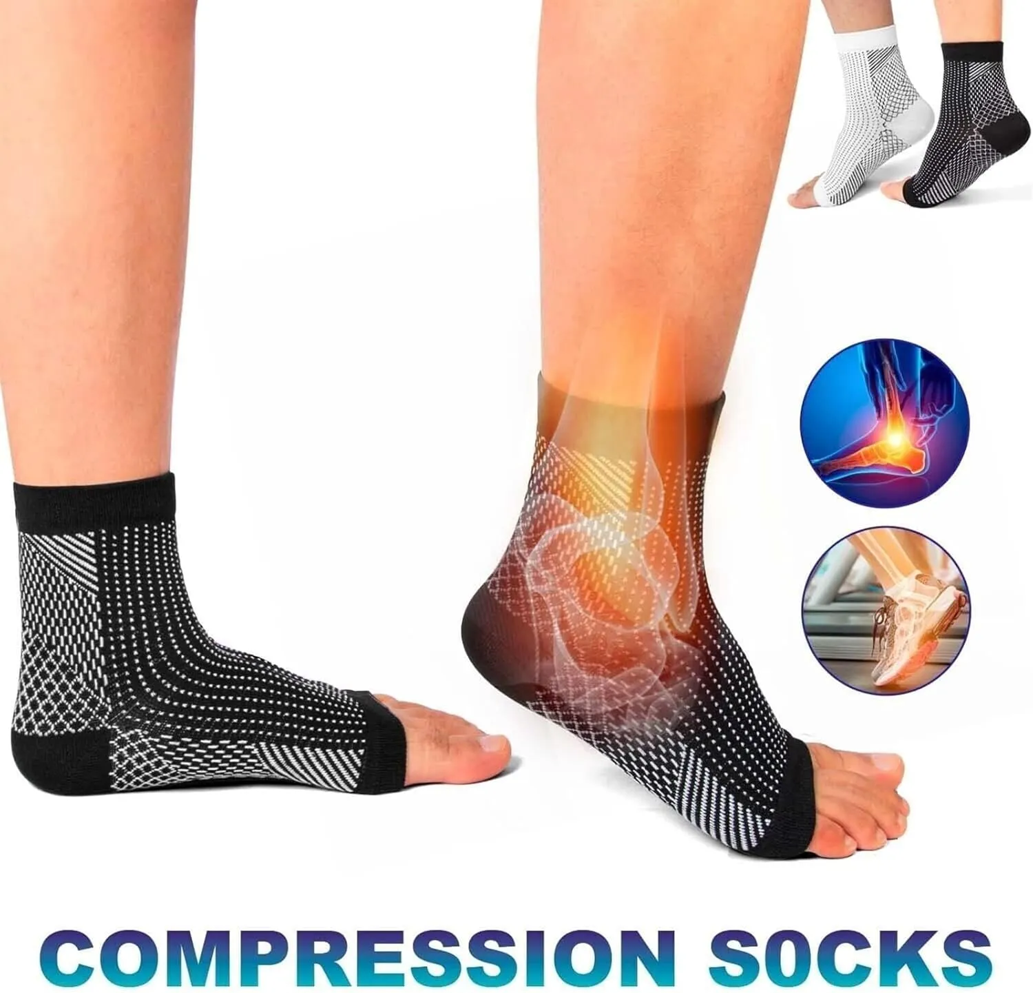 2 Pair Ankle Compression Socks - Ankle Sleeves for Women Men, Ankle Brace Compression Socks, Soothe Socks for Neuropathy Pain(Black White,L/XL)