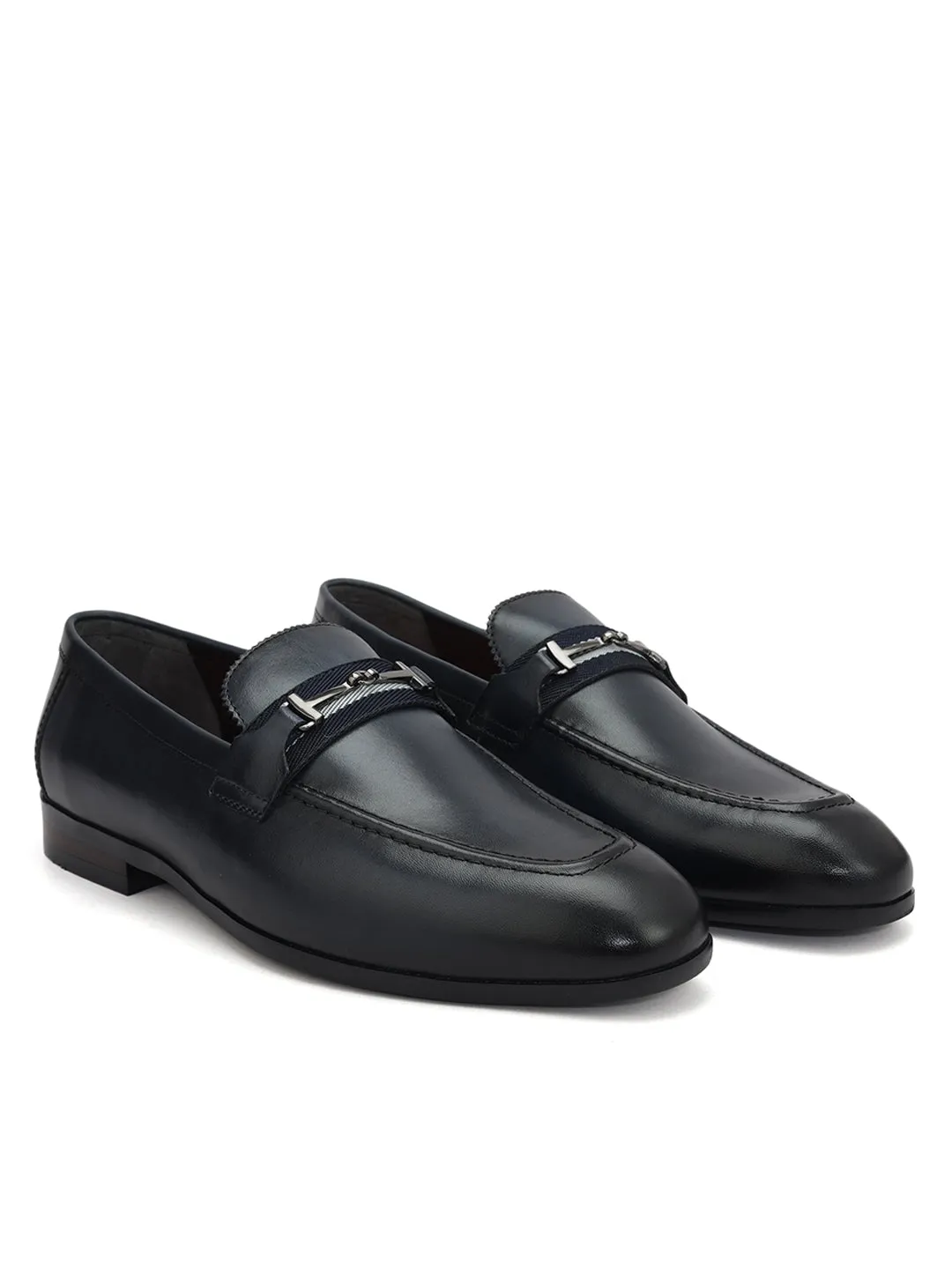 Blue Plain Loafers With Metal Clip