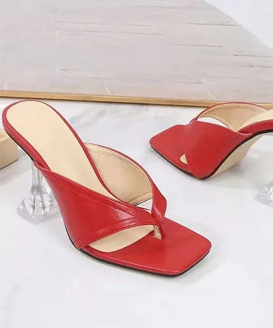 Classy Splicing High Heel Flip Flops Slippers Red Faux Leather LY4308