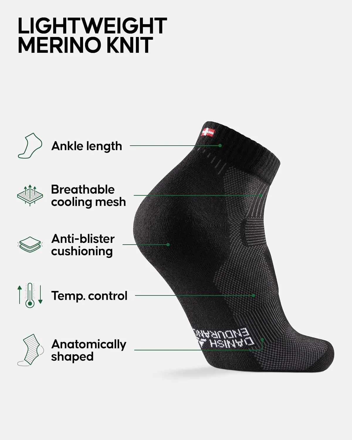 DANISH ENDURANCE 3 Low Cut Outdoor Hiking Socks in Merino Wool, Women & Men, 3-Pack