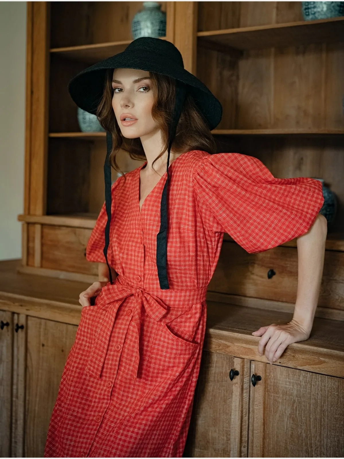 MEGHAN Gingham Hemp Midi Dress, in Scarlet Red