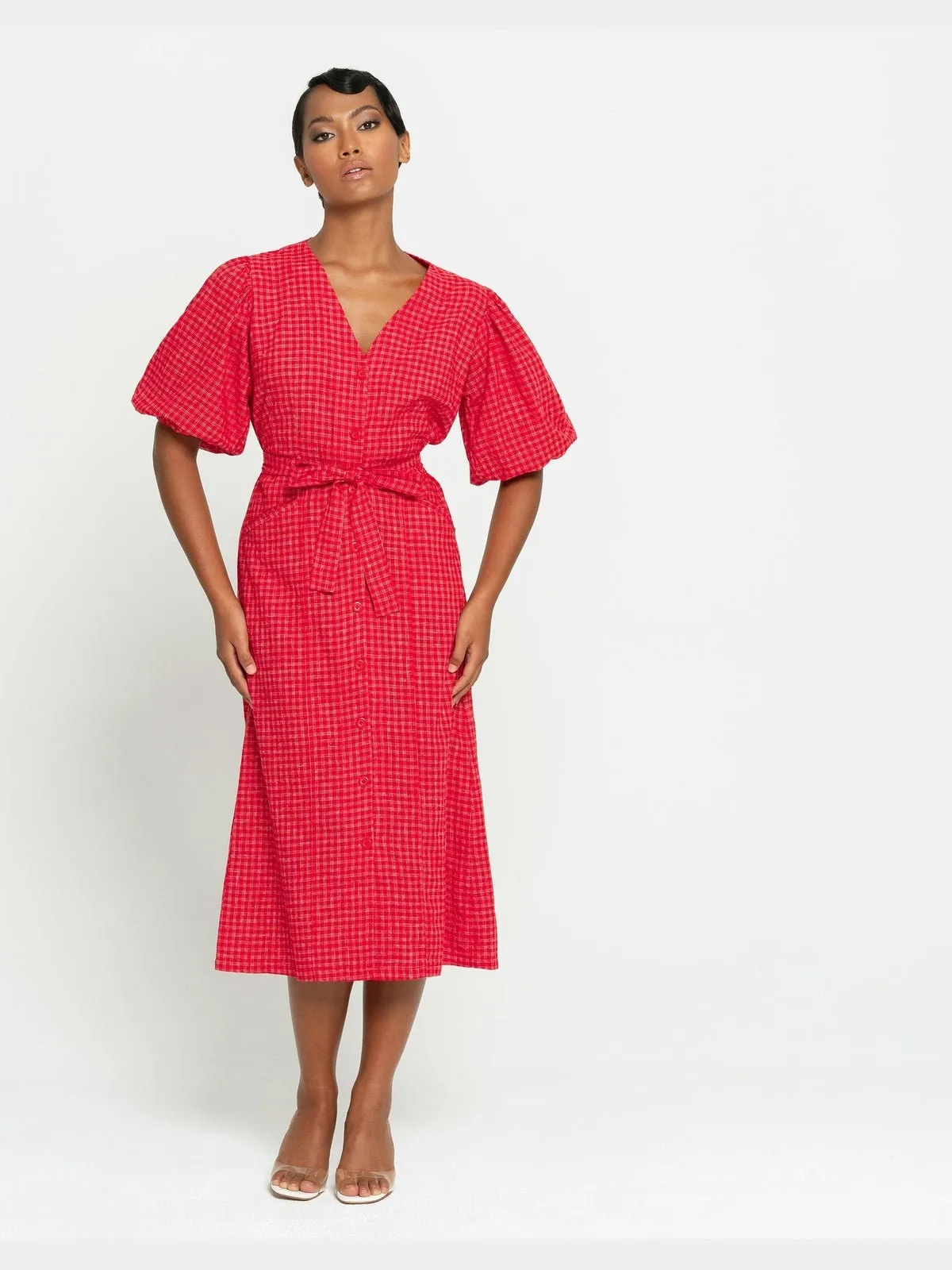 MEGHAN Gingham Hemp Midi Dress, in Scarlet Red