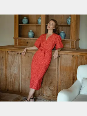 MEGHAN Gingham Hemp Midi Dress, in Scarlet Red
