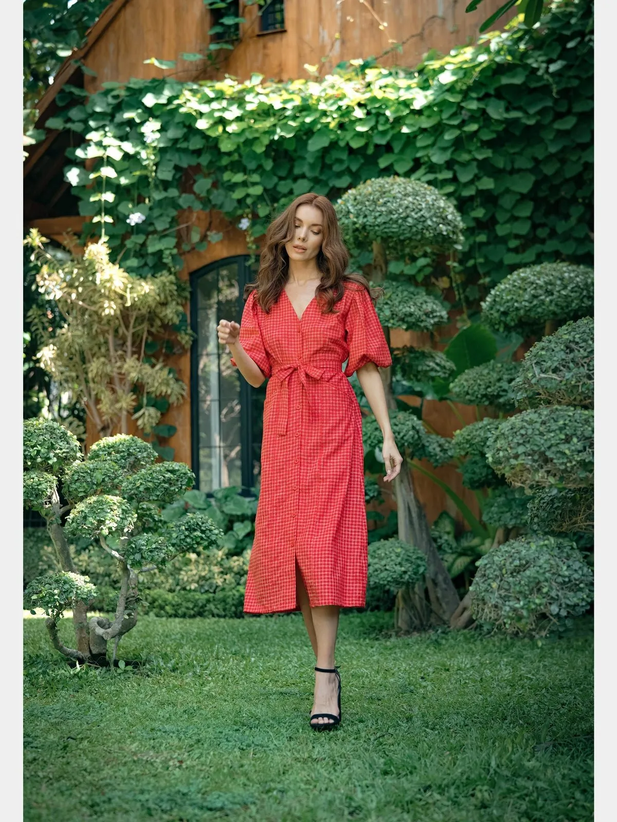 MEGHAN Gingham Hemp Midi Dress, in Scarlet Red