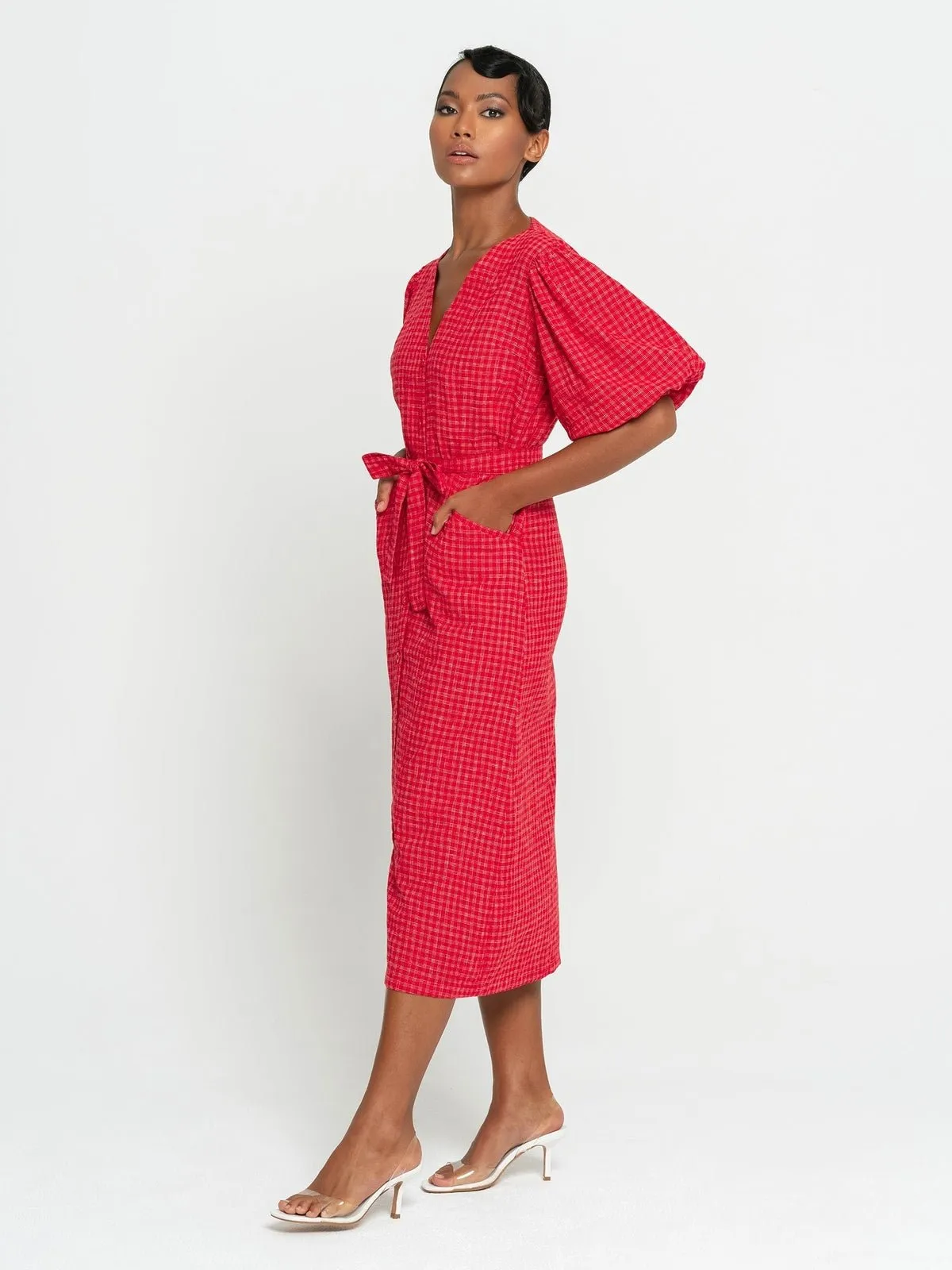 MEGHAN Gingham Hemp Midi Dress, in Scarlet Red