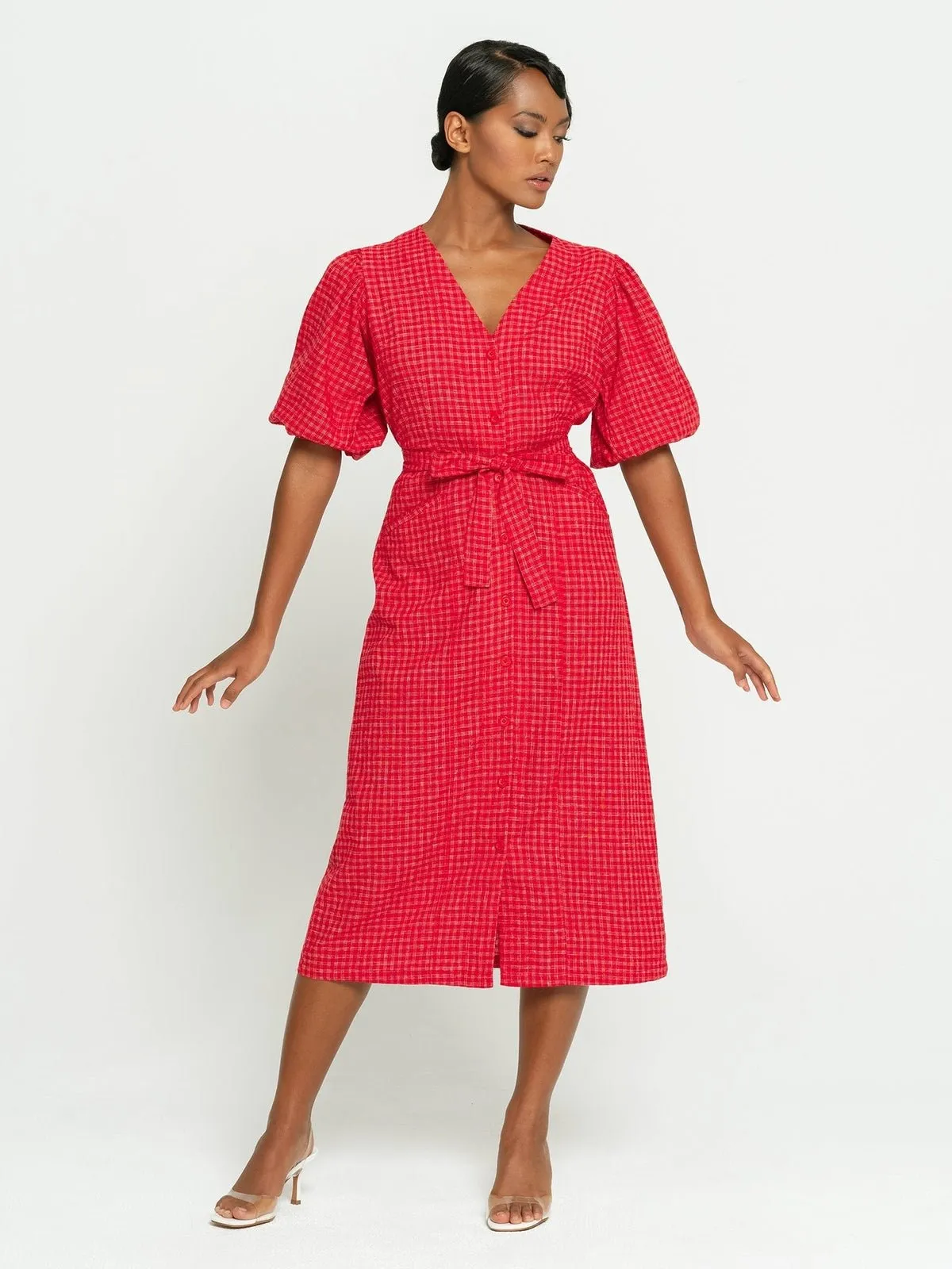 MEGHAN Gingham Hemp Midi Dress, in Scarlet Red