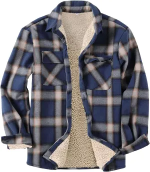 Men Fleece Lined Plaid Jackets Button Down Collared Shirts Slim Fit Fannel Jacket with Pockets Heavyweight Jackets