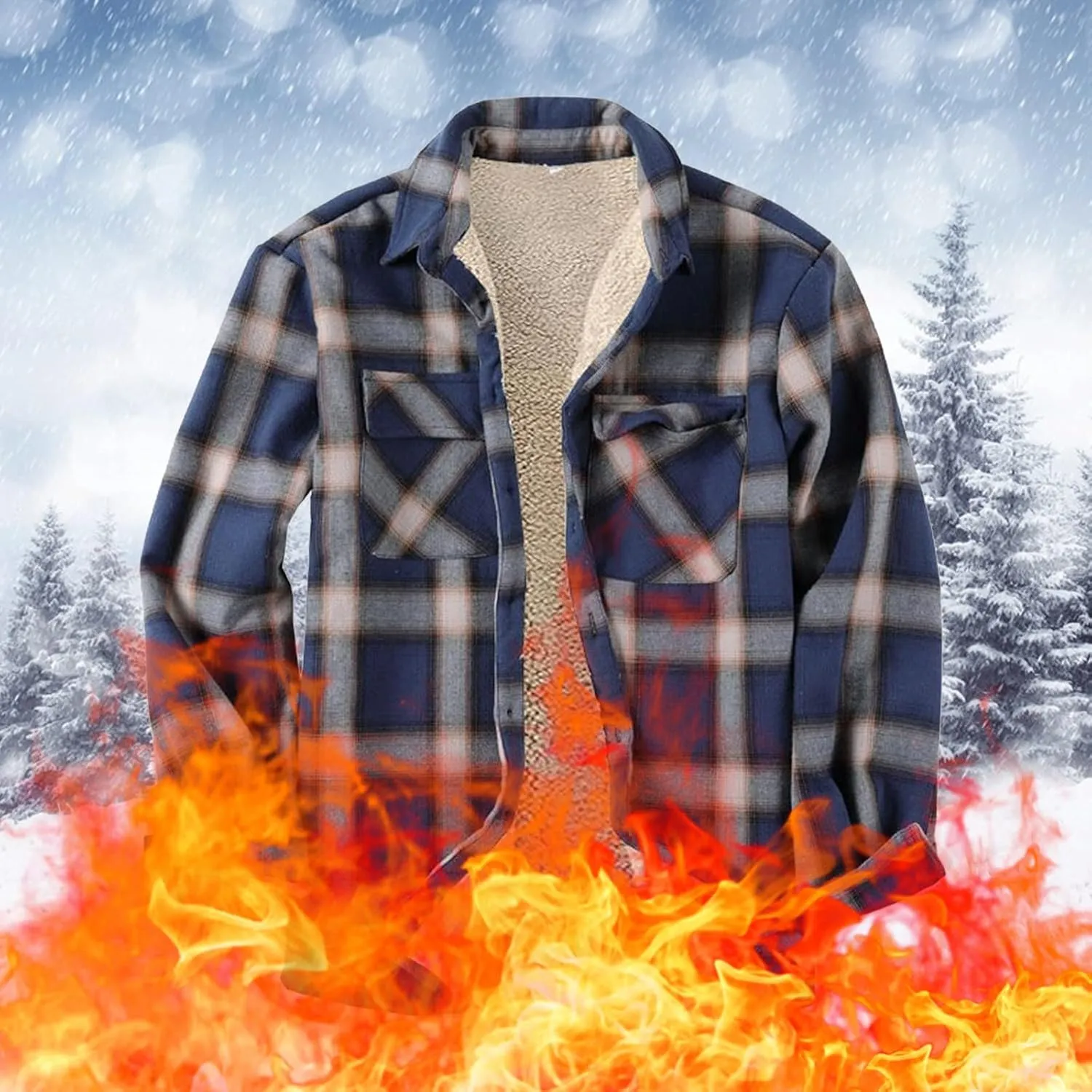 Men Fleece Lined Plaid Jackets Button Down Collared Shirts Slim Fit Fannel Jacket with Pockets Heavyweight Jackets