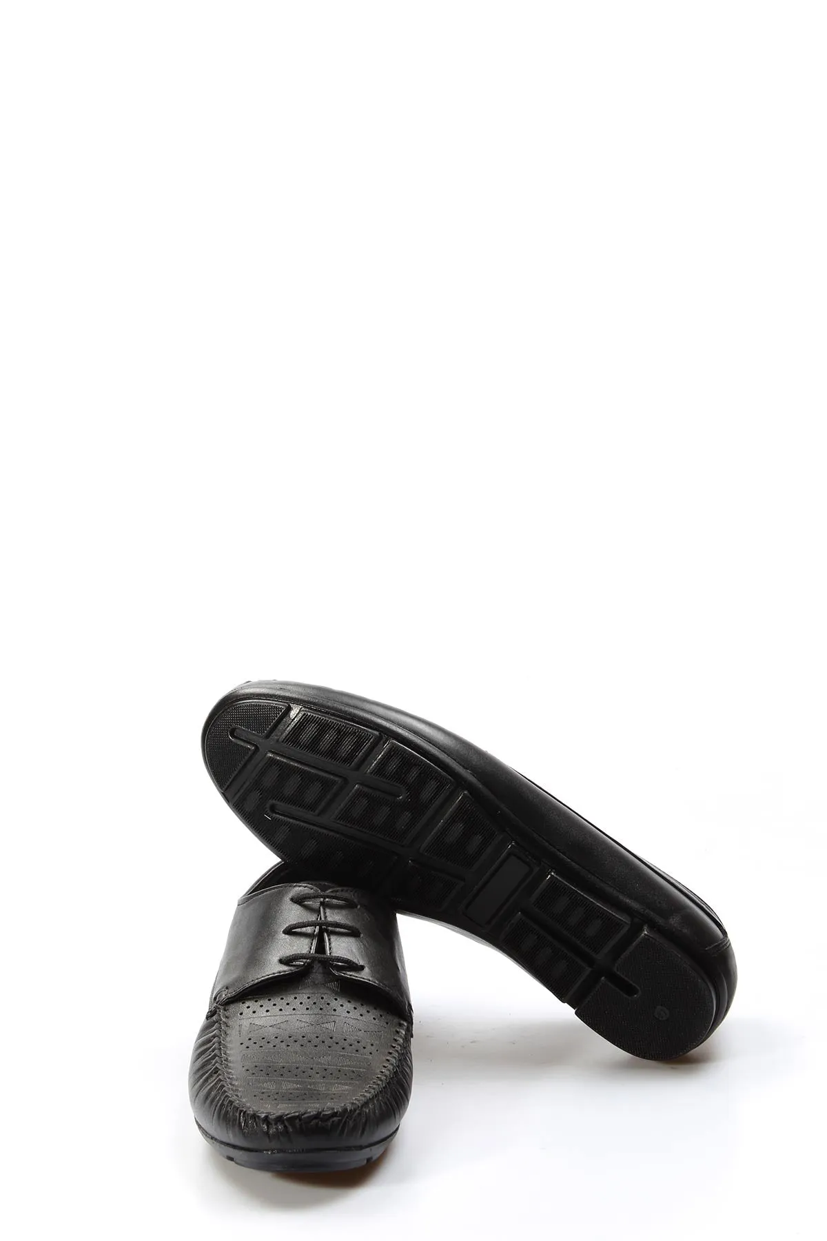 Men's Black Leather Lace-Up Loafers with Perforated Detail - Wessi
