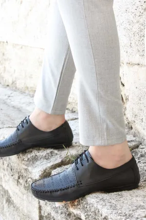 Men's Black Leather Lace-Up Loafers with Perforated Detail - Wessi