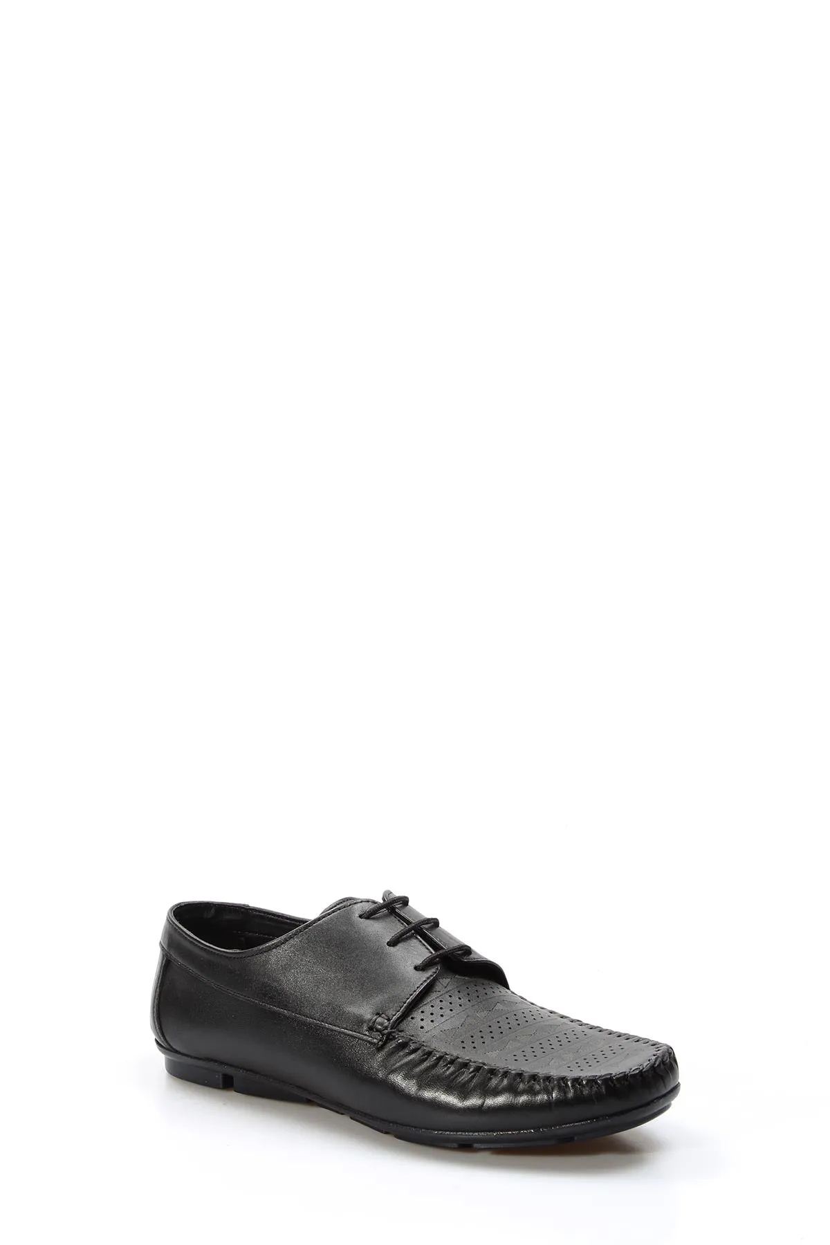 Men's Black Leather Lace-Up Loafers with Perforated Detail - Wessi