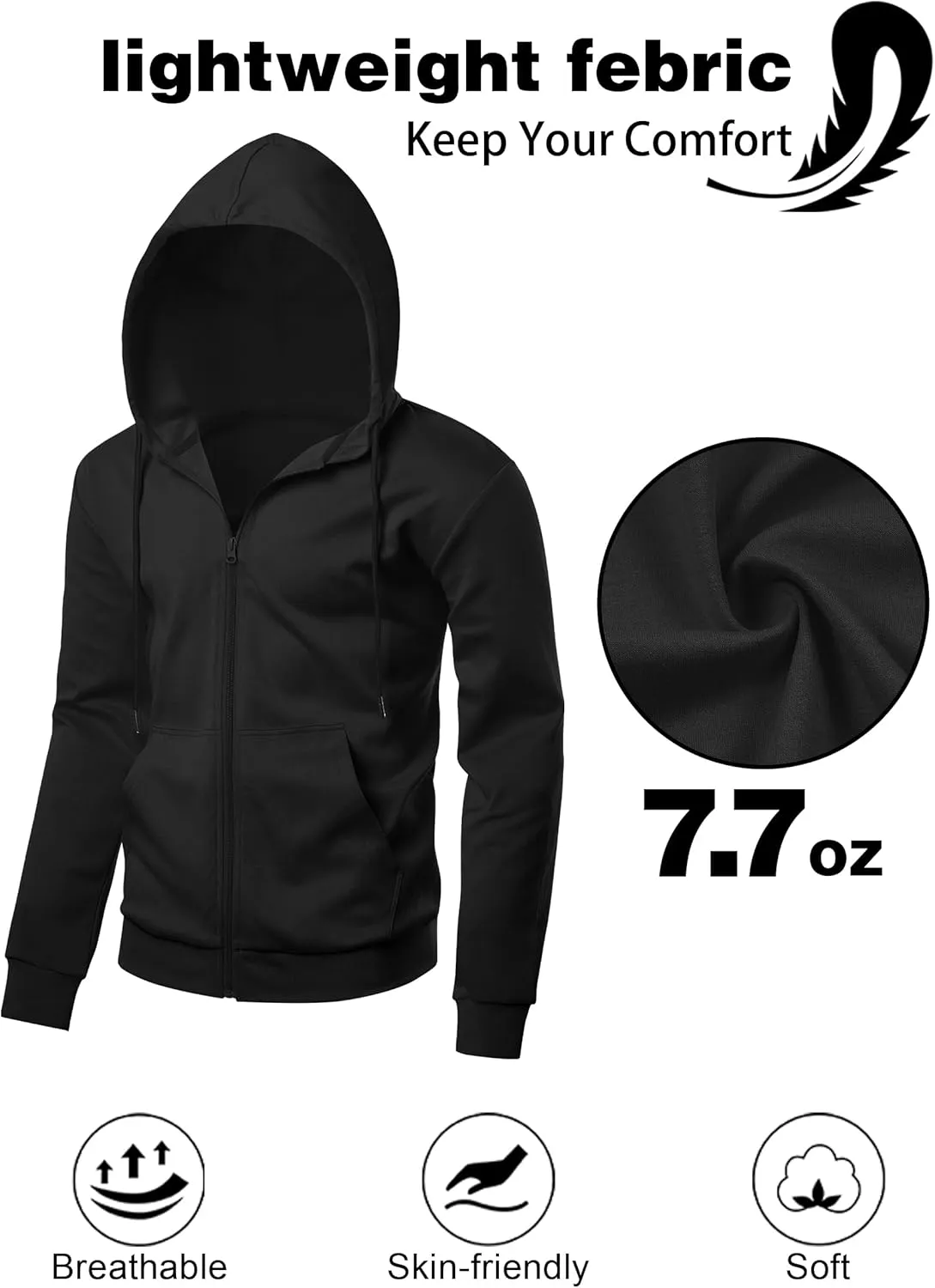 Men's Lightweight Zip Up Hoodie Long Sleeve Sweatshirt Athletic Slim Fit Basic Jacket with Pockets(Regular & Tall)