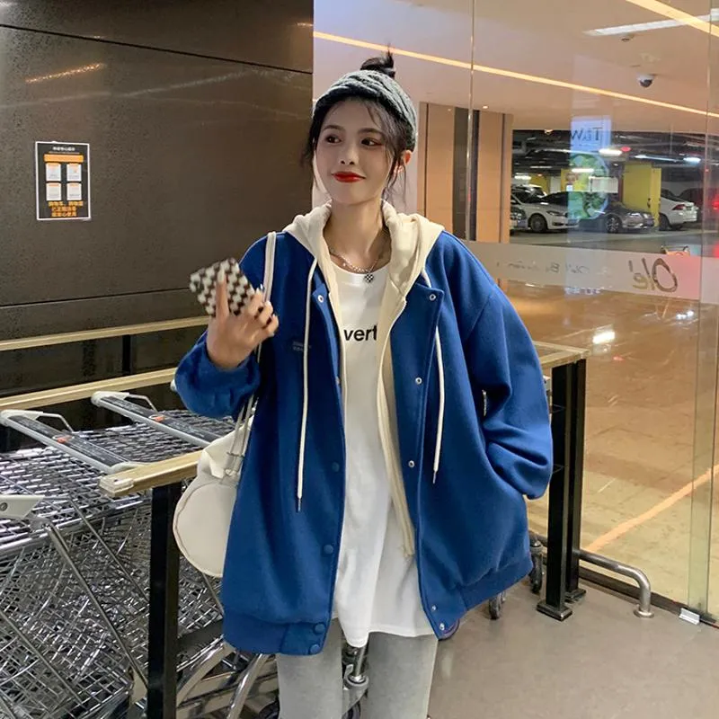 Plus Velvet Loose Fit Thickened Faux Two-Piece Hooded Track Jacket