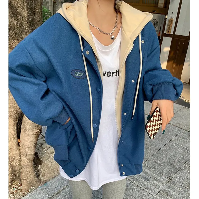 Plus Velvet Loose Fit Thickened Faux Two-Piece Hooded Track Jacket