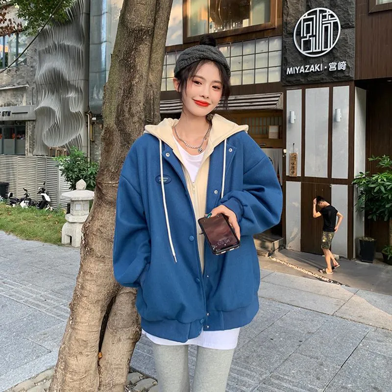 Plus Velvet Loose Fit Thickened Faux Two-Piece Hooded Track Jacket