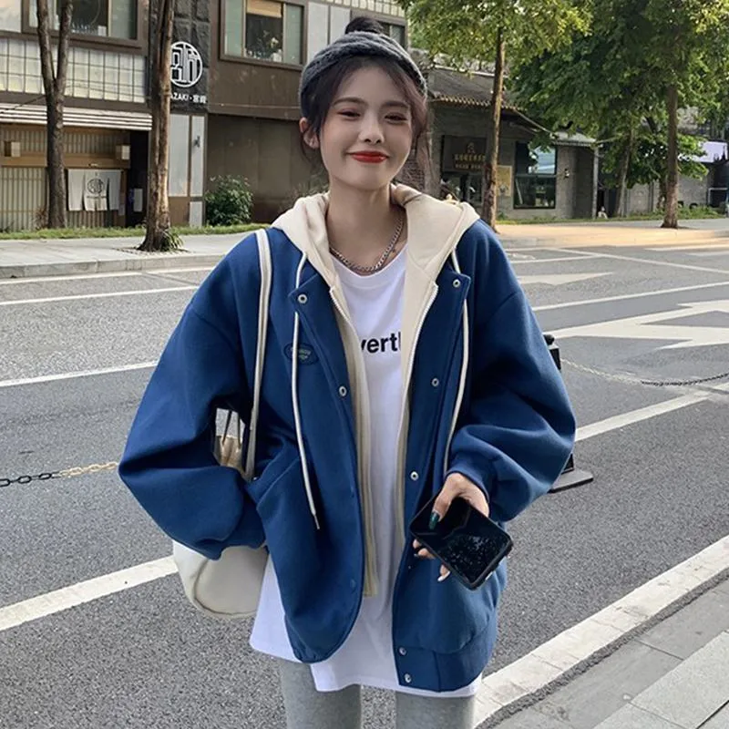 Plus Velvet Loose Fit Thickened Faux Two-Piece Hooded Track Jacket