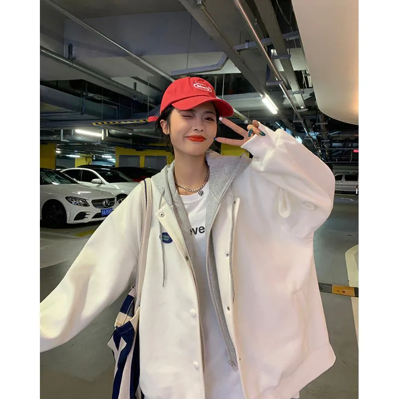 Plus Velvet Loose Fit Thickened Faux Two-Piece Hooded Track Jacket