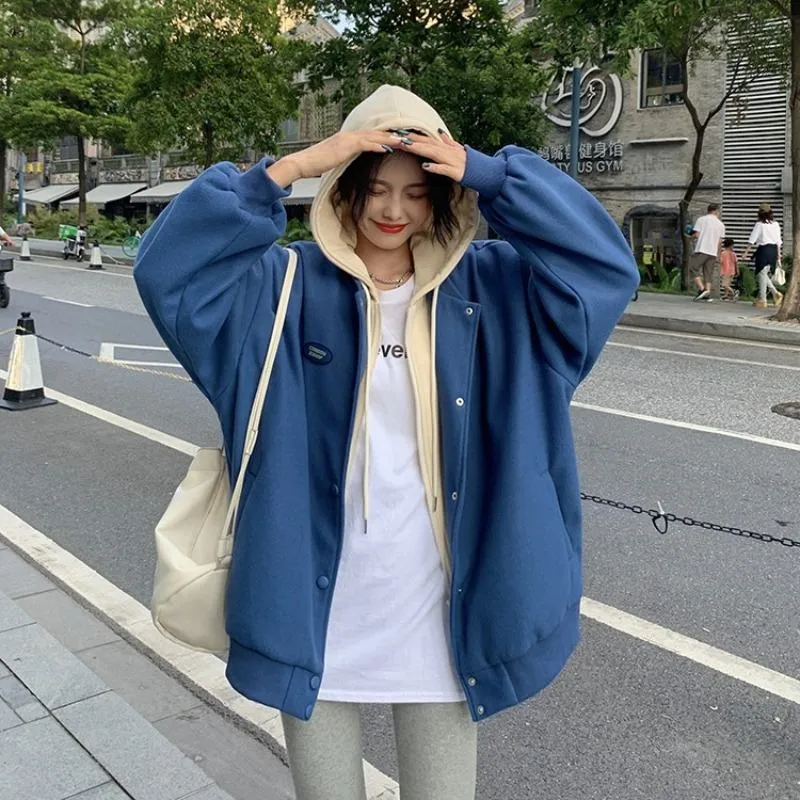 Plus Velvet Loose Fit Thickened Faux Two-Piece Hooded Track Jacket