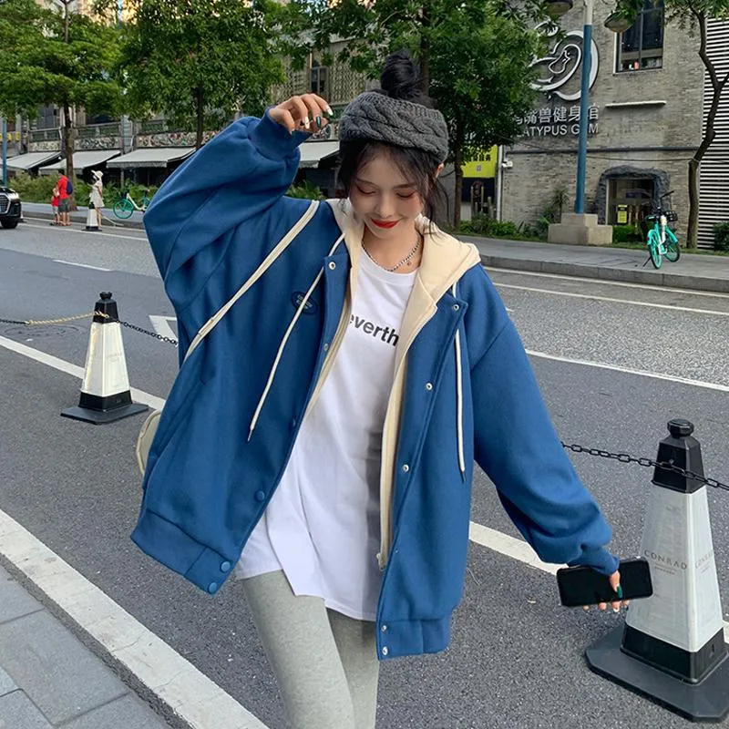 Plus Velvet Loose Fit Thickened Faux Two-Piece Hooded Track Jacket