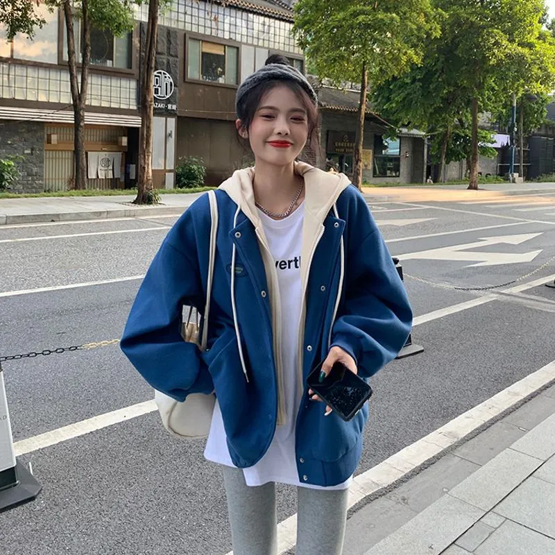 Plus Velvet Loose Fit Thickened Faux Two-Piece Hooded Track Jacket