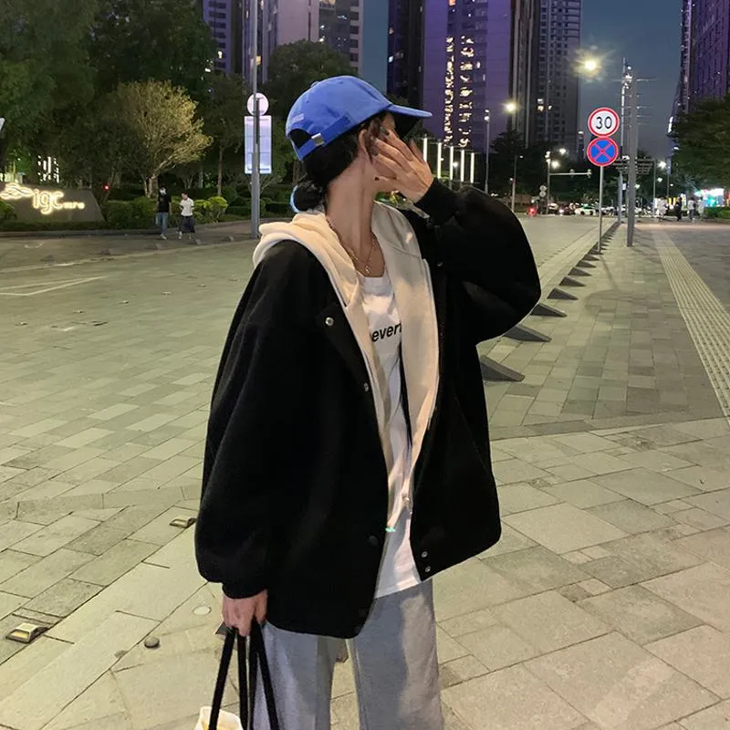 Plus Velvet Loose Fit Thickened Faux Two-Piece Hooded Track Jacket