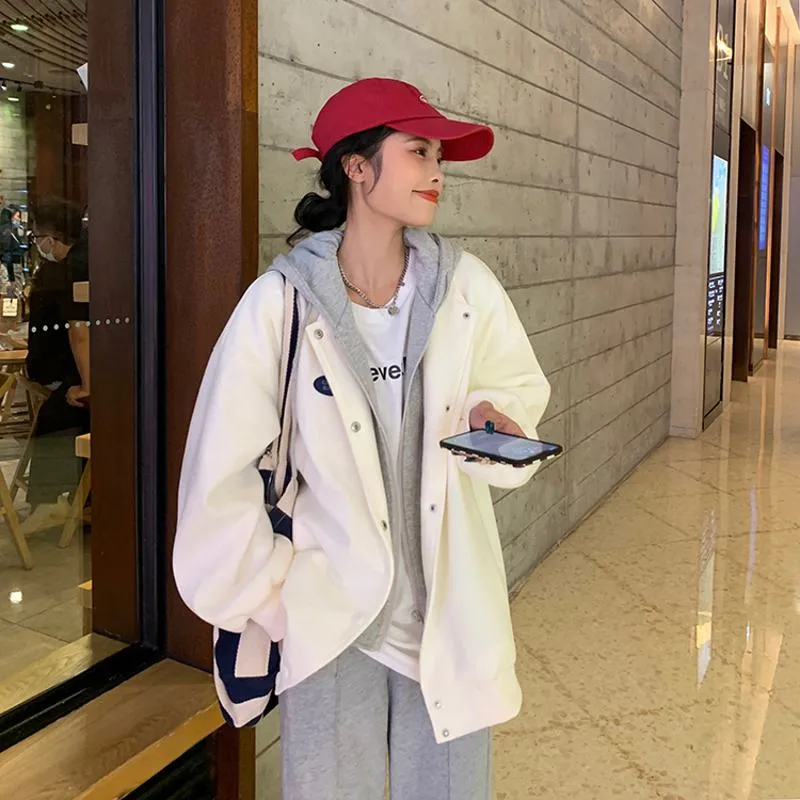Plus Velvet Loose Fit Thickened Faux Two-Piece Hooded Track Jacket