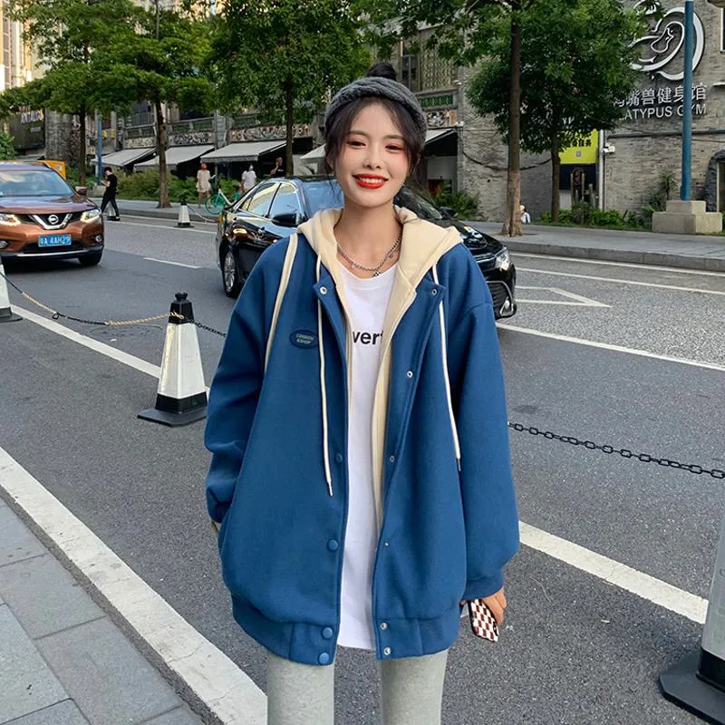 Plus Velvet Loose Fit Thickened Faux Two-Piece Hooded Track Jacket