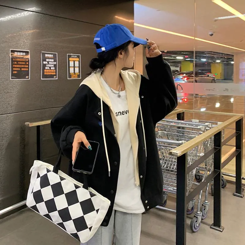 Plus Velvet Loose Fit Thickened Faux Two-Piece Hooded Track Jacket