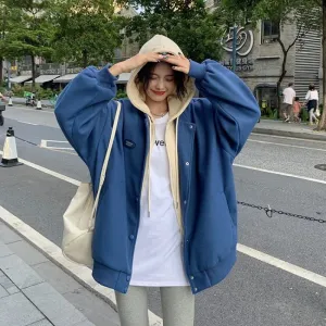 Plus Velvet Loose Fit Thickened Faux Two-Piece Hooded Track Jacket