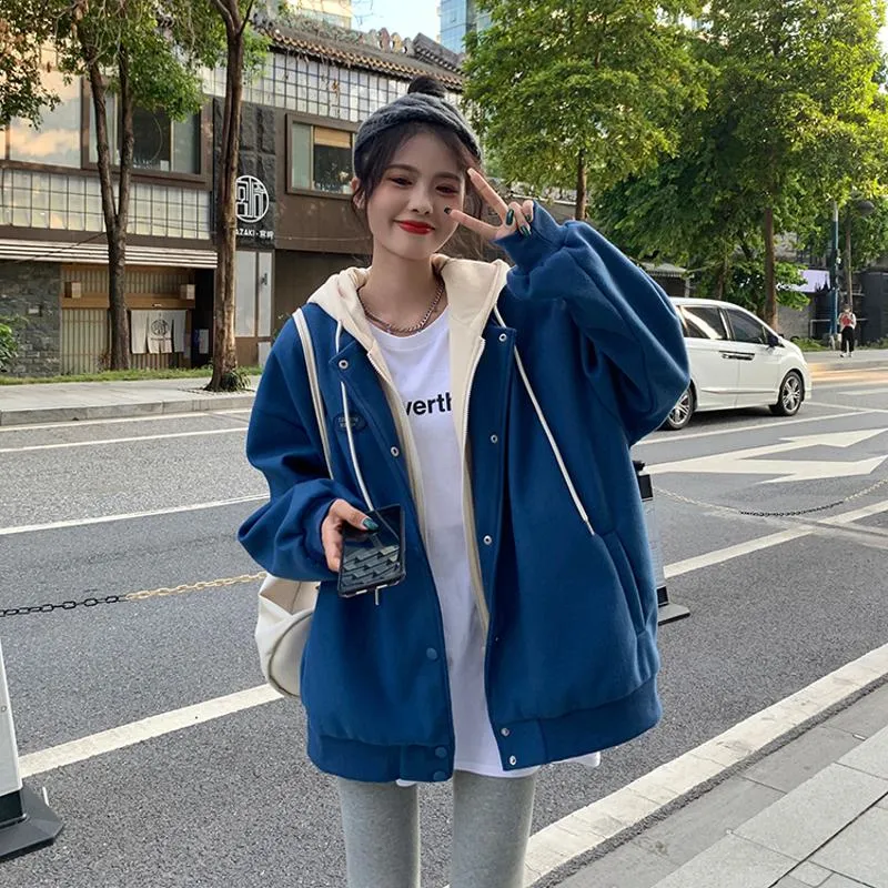 Plus Velvet Loose Fit Thickened Faux Two-Piece Hooded Track Jacket