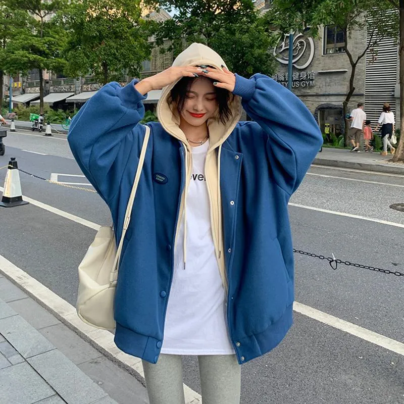 Plus Velvet Loose Fit Thickened Faux Two-Piece Hooded Track Jacket