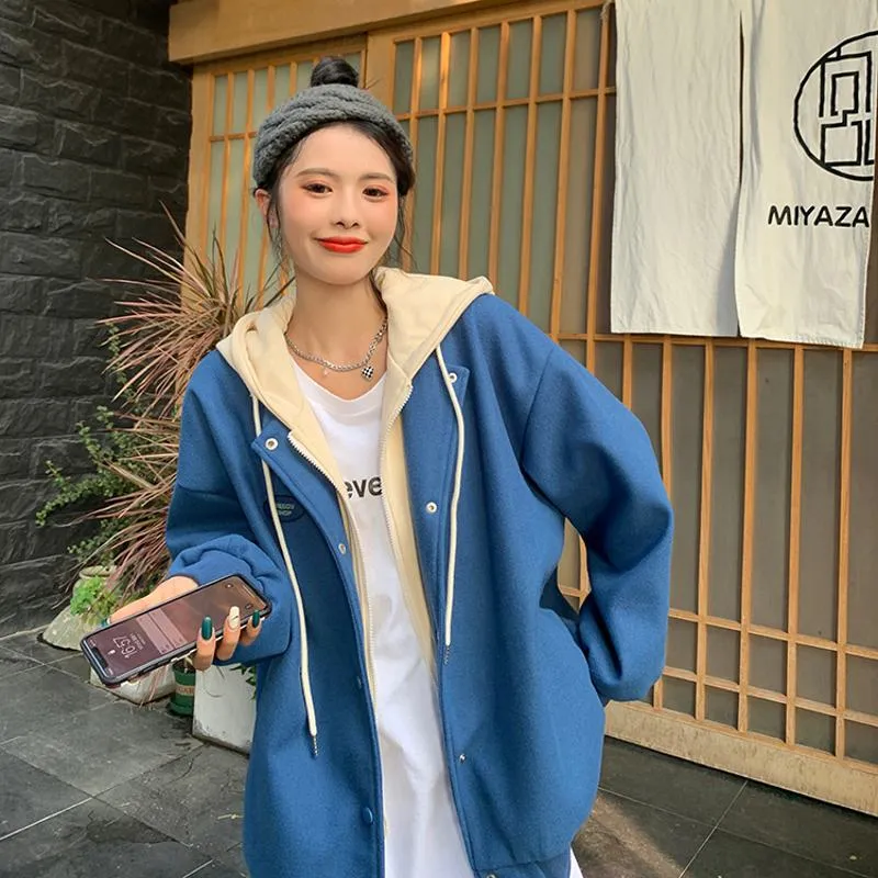 Plus Velvet Loose Fit Thickened Faux Two-Piece Hooded Track Jacket