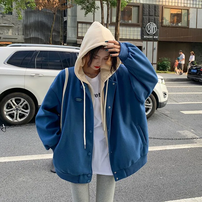 Plus Velvet Loose Fit Thickened Faux Two-Piece Hooded Track Jacket