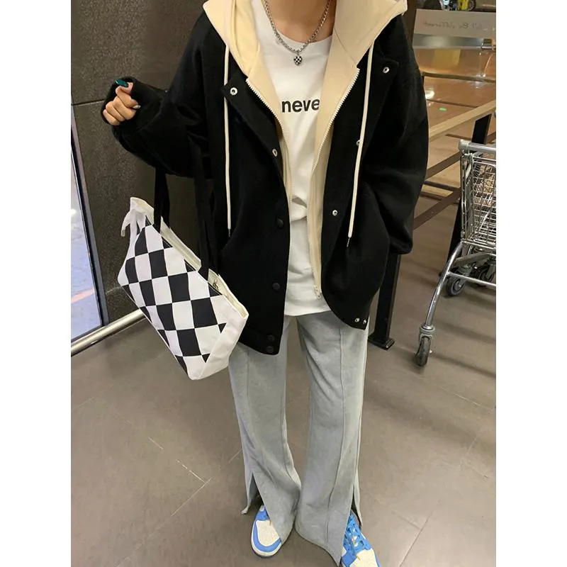 Plus Velvet Loose Fit Thickened Faux Two-Piece Hooded Track Jacket