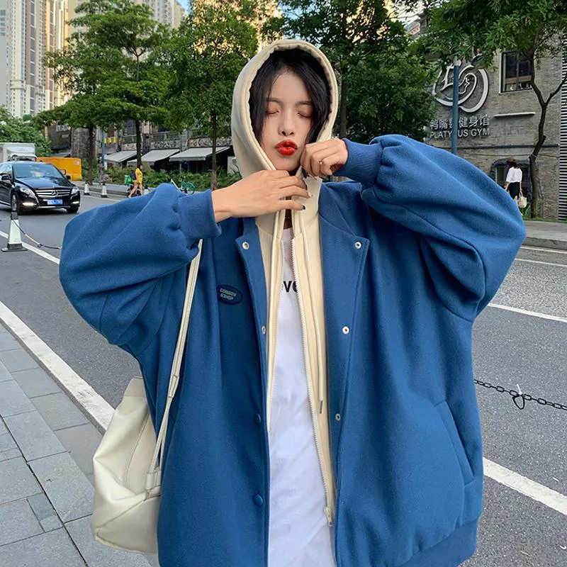 Plus Velvet Loose Fit Thickened Faux Two-Piece Hooded Track Jacket