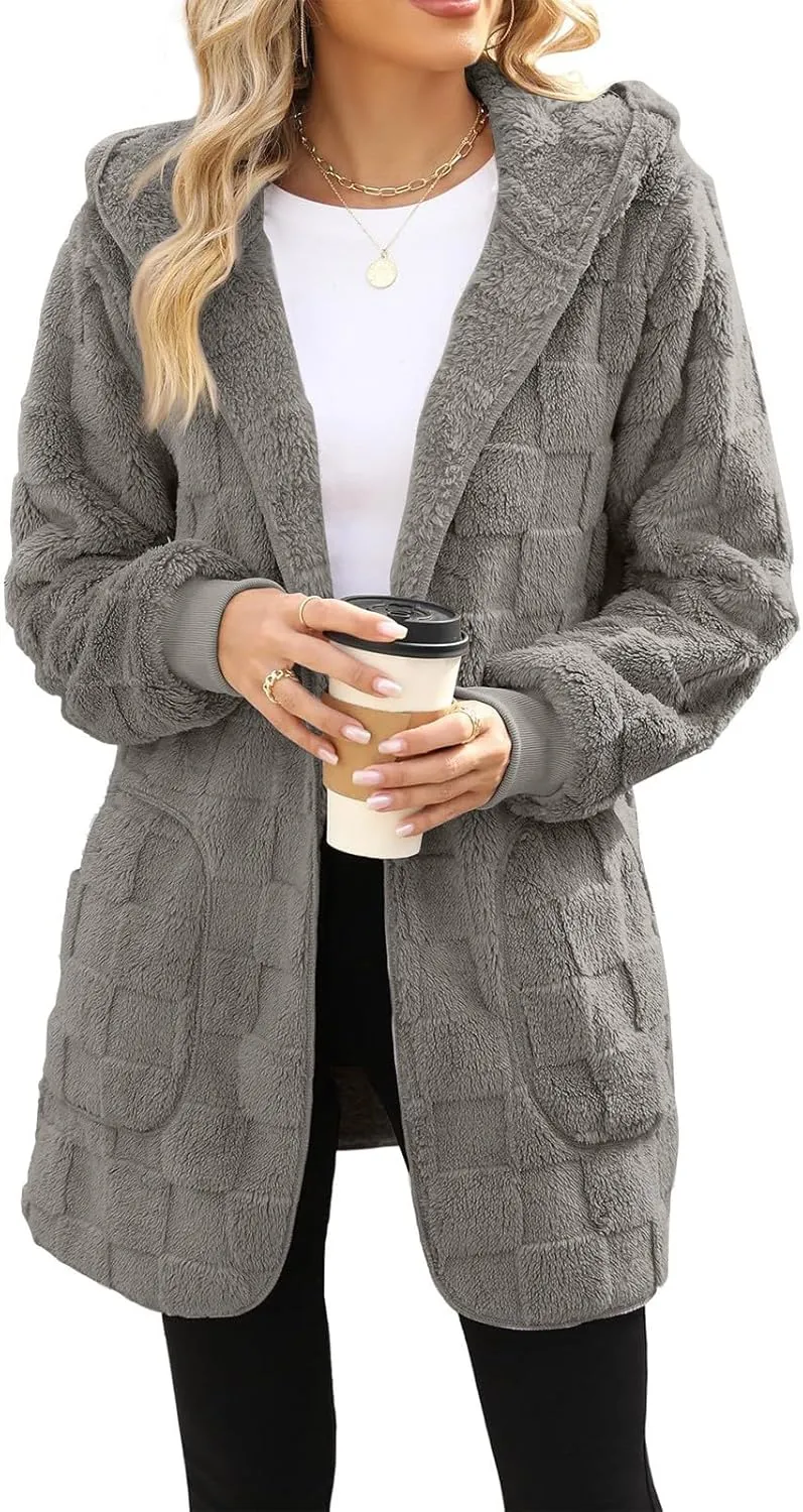 Sherpa Lined Hoodie Womens Sherpa Jacket Fuzzy Hoodie Solid Color Warm Oversized Fleece Jackets Fluffy Coat with Pockets