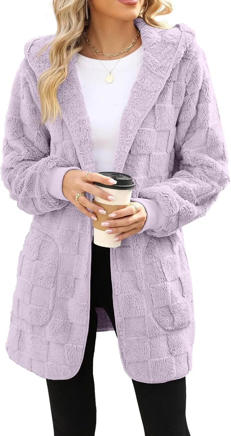 Sherpa Lined Hoodie Womens Sherpa Jacket Fuzzy Hoodie Solid Color Warm Oversized Fleece Jackets Fluffy Coat with Pockets