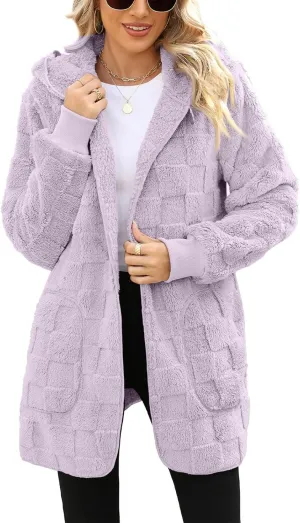 Sherpa Lined Hoodie Womens Sherpa Jacket Fuzzy Hoodie Solid Color Warm Oversized Fleece Jackets Fluffy Coat with Pockets