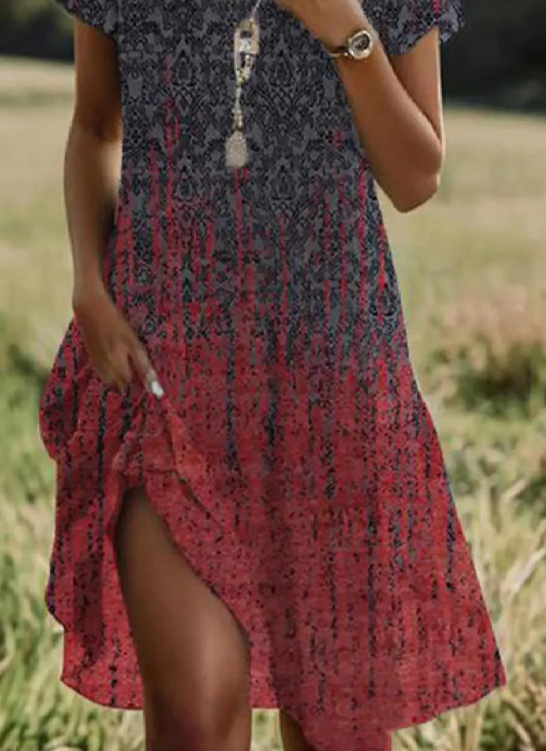 Short Sleeve Boho Midi Dress for Women Casual Loose Fit Summer Sundress Crewneck Shift Dress