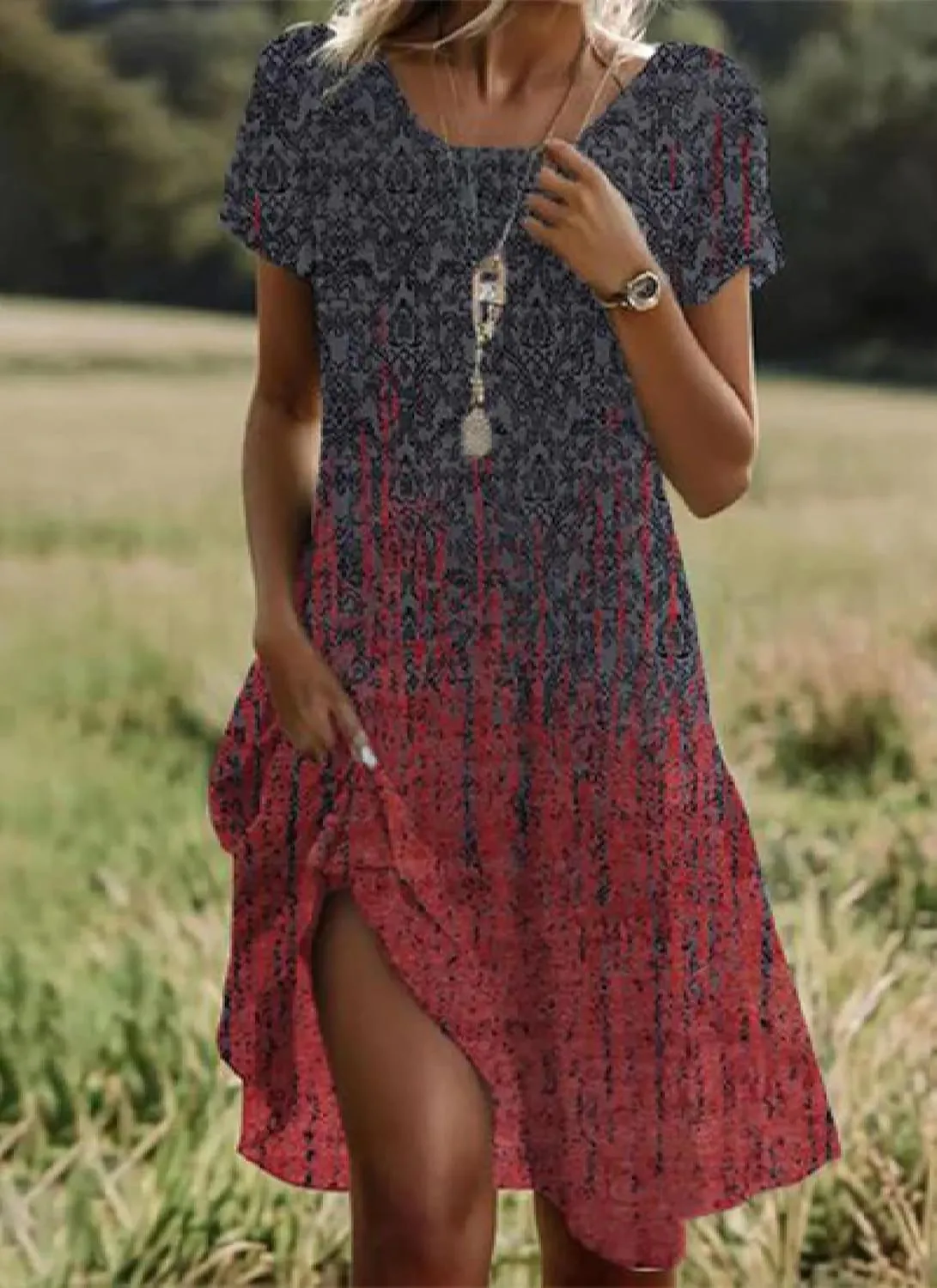 Short Sleeve Boho Midi Dress for Women Casual Loose Fit Summer Sundress Crewneck Shift Dress
