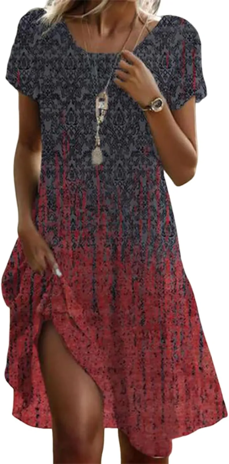 Short Sleeve Boho Midi Dress for Women Casual Loose Fit Summer Sundress Crewneck Shift Dress