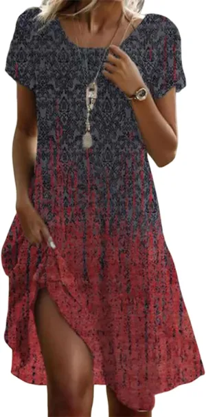 Short Sleeve Boho Midi Dress for Women Casual Loose Fit Summer Sundress Crewneck Shift Dress