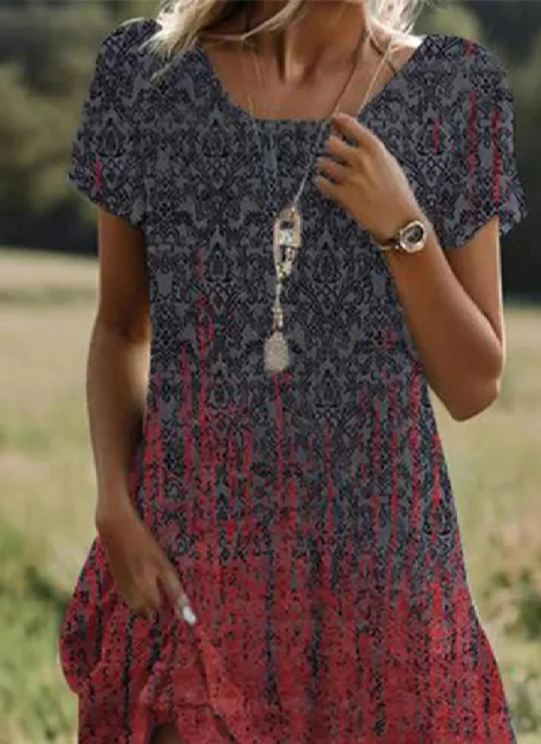 Short Sleeve Boho Midi Dress for Women Casual Loose Fit Summer Sundress Crewneck Shift Dress