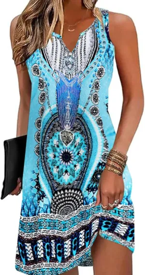 SimpleFun Womens Summer Dresses V Neck Sleeveless Sundresses with Pockets Beach Dress Cover Ups Floral Tank Dresses