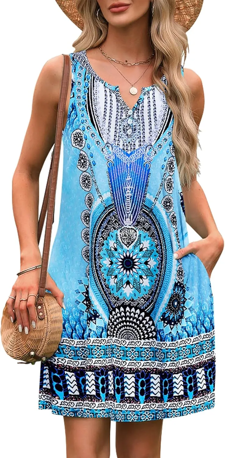SimpleFun Womens Summer Dresses V Neck Sleeveless Sundresses with Pockets Beach Dress Cover Ups Floral Tank Dresses