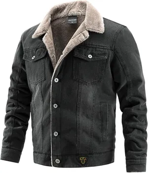 Thatrich Men's Sherpa Lined Shirt Fleece Lining Jacket Button Down Shirts Coat Vintage Bomber Jacket Long Sleeve Winter Coats