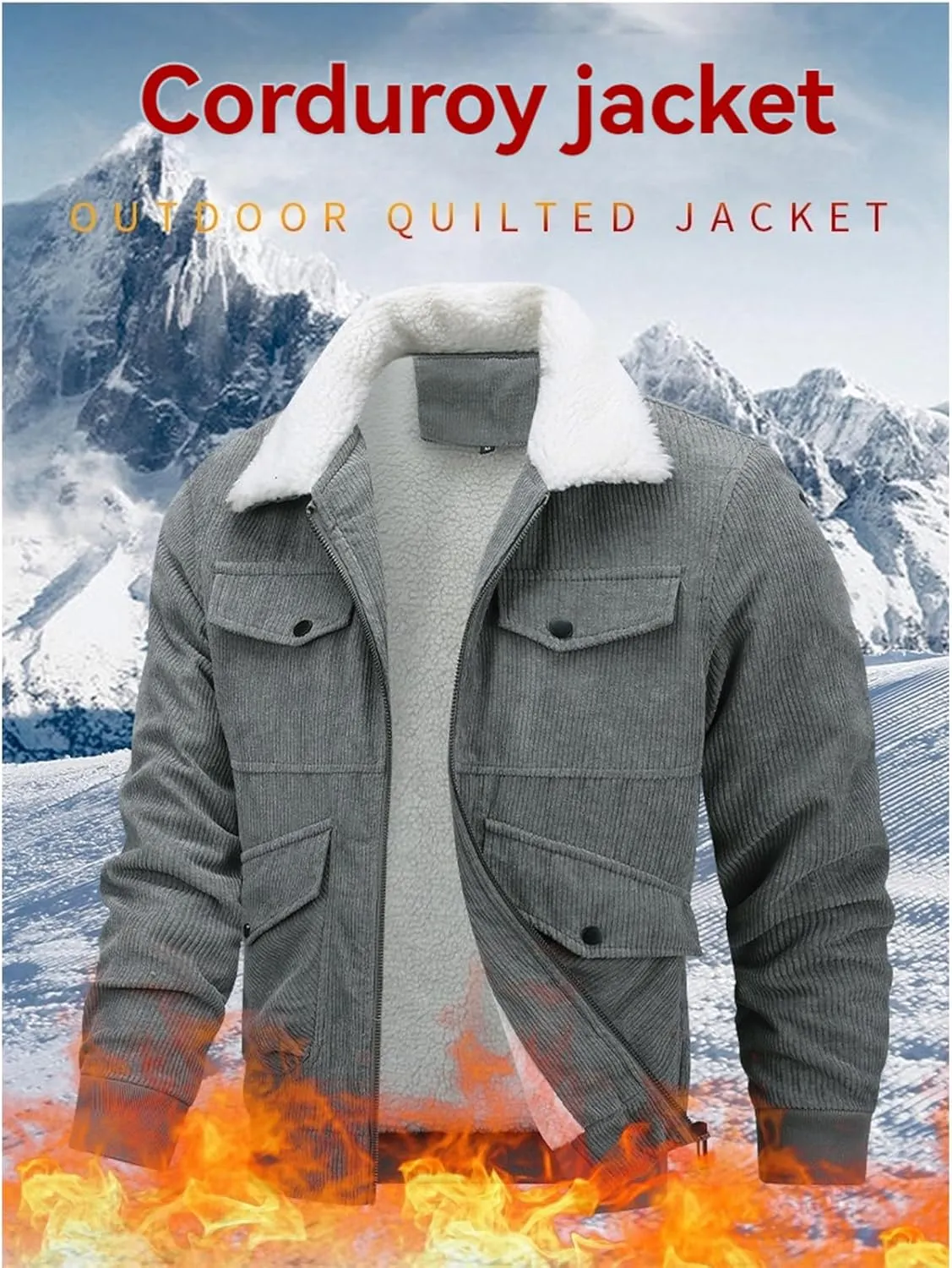 Thatrich Mens Winter Jacket Corduroy Sherpa Lined Jacket Warm Cargo Jacket Trendy Overcoat Zip Up Lapel Long Sleeve Outerwear