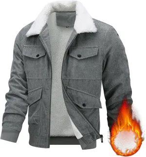 Thatrich Mens Winter Jacket Corduroy Sherpa Lined Jacket Warm Cargo Jacket Trendy Overcoat Zip Up Lapel Long Sleeve Outerwear